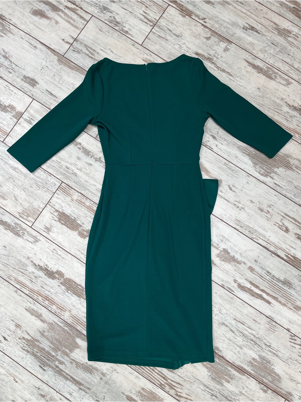 AISIZE Dark Green Ruched Sheath Dress Asymmetric Ruffle 3/4 Sleeve Small NWT - Picture 10 of 16